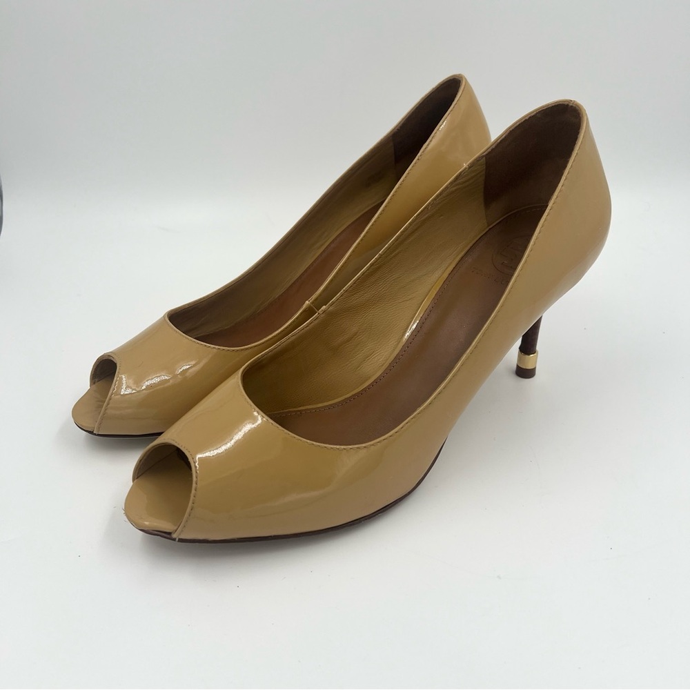 Tory Burch Women’s Open‎ Toe Patent Leather Heels Tan 10 Rounded Toe Peep Toe